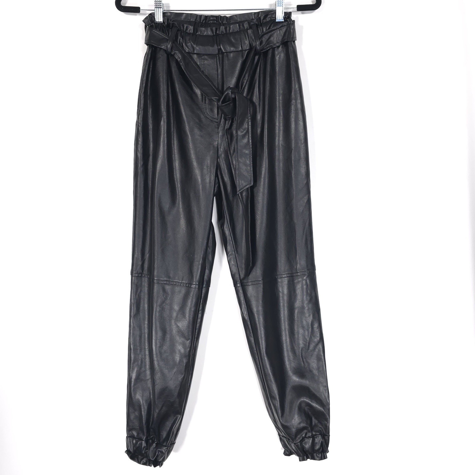Wayf Women's Black Faux Leather Size Xs Paperbag Belted Streetwear Pants Joggers